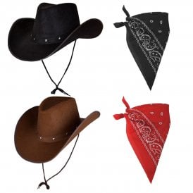 BLACK Texan Cowboy Hat + BLACK Paisley Bandana + DARK BROWN Texan Cowboy Hat + RED Paisley Bandana