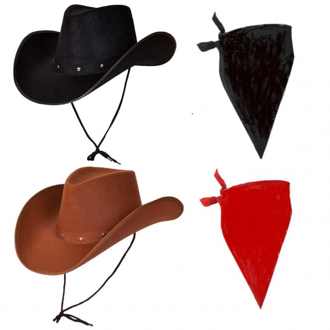 BLACK Texan Cowboy Hat + BLACK Plain Bandana + BROWN Texan Cowboy Hat + RED Plain Bandana