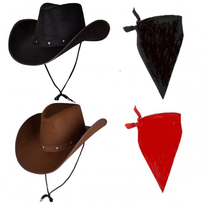 BLACK Texan Cowboy Hat + BLACK Plain Bandana + DARK BROWN Texan Cowboy Hat + RED Plain Bandana