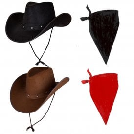 BLACK Texan Cowboy Hat + BLACK Plain Bandana + DARK BROWN Texan Cowboy Hat + RED Plain Bandana