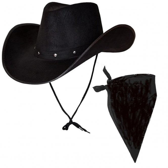 BLACK Texan Cowboy Hat + BLACK Plain Bandana