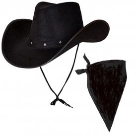 BLACK Texan Cowboy  Hat + BLACK Plain Bandana