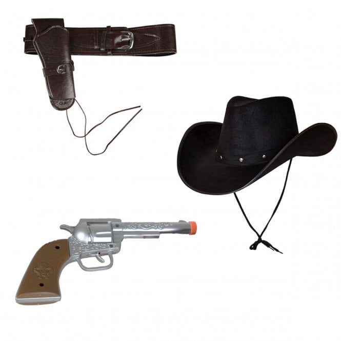 BLACK Texan Cowboy Hat + DELUXE BROWN Cowboy Holster + Plastic Hand Gun