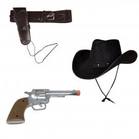 Black Texan Cowboy Hat + Deluxe Brown Cowboy Holster + Plastic Hand Gun