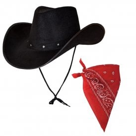 Texan Cowboy Black  Hat + Red Bandana