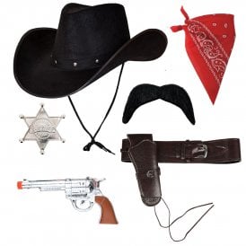 Texan Cowboy Black Hat + Red Bandana + Sheriff Badge + Black Tash + Deluxe Holster + Plastic Hand Gun 
