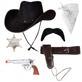 Texan Cowboy Black Hat + White Bandana + Sheriff Badge + Black Tash + Deluxe Holster + Plastic Hand Gun 