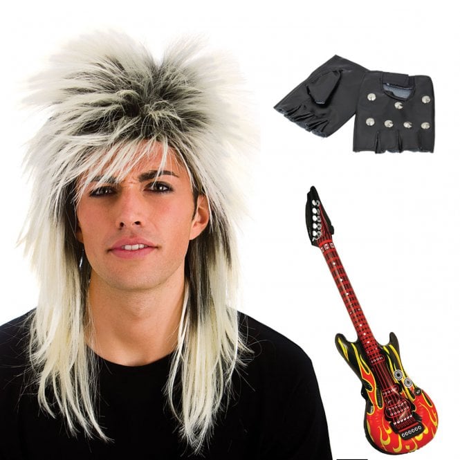 Blonde Rocker Wig + Studded Gloves + Inflatable Guitar - Adult Accessory Set