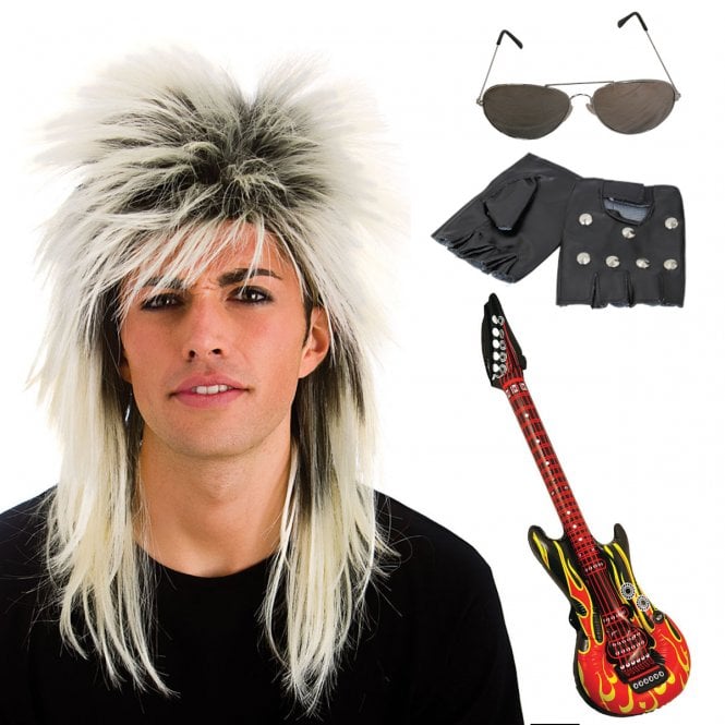 Blonde Rocker Wig + Studded Gloves + Inflatable Guitar + Specs - Adult Accessory Set