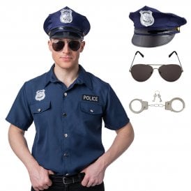 BLUE Police Shirt + BLUE Deluxe U.S Cop Hat + Aviator Sunglasses + Metal Handcuffs