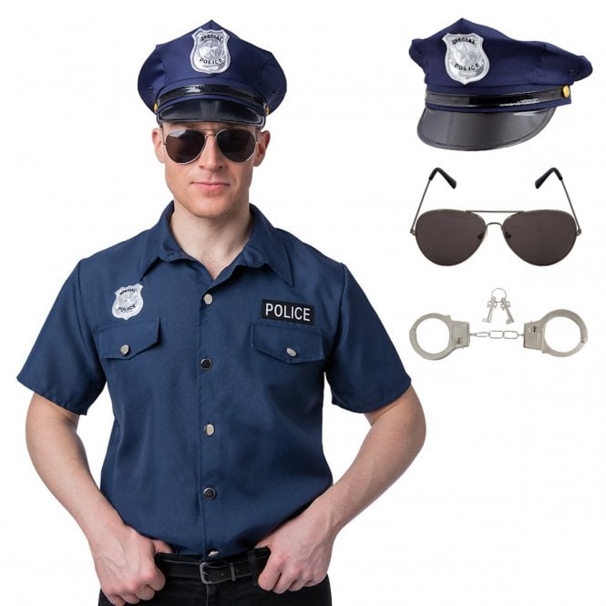 BLUE Police Shirt + BLUE Deluxe U.S Cop Hat + Aviator Sunglasses + Metal Handcuffs