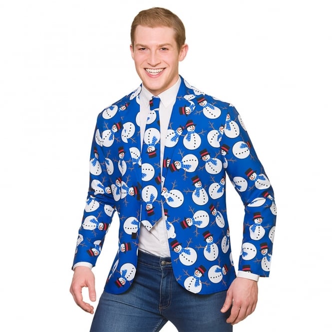 Snowman Christmas Jacket & Tie (Blue) - Adult Costume