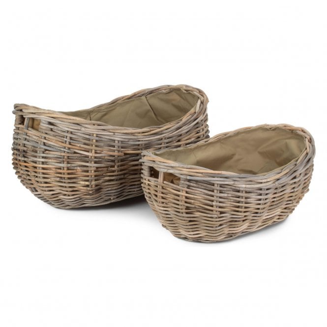 Boat Shaped Rattan Log Basket With Cordura Lining Set 2 