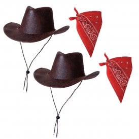BROWN Aged Faux Leather Cowboy Hat + RED Paisley Bandana - 2 PACK