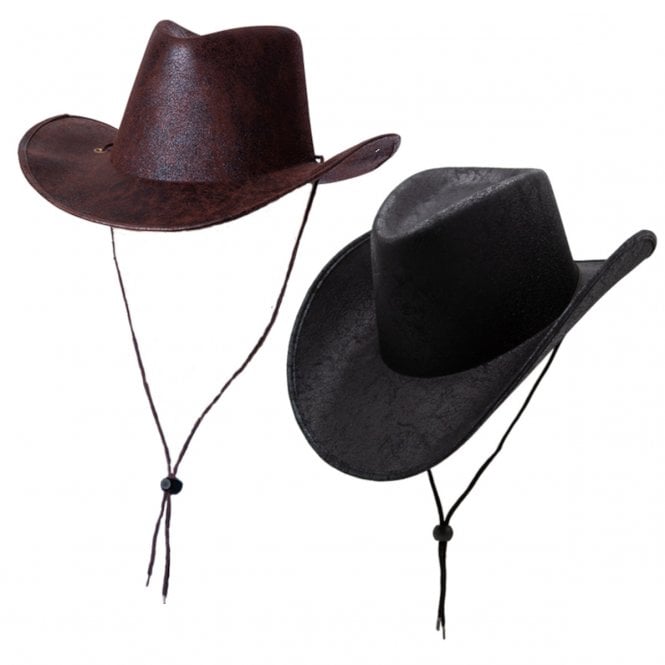 BROWN Aged Faux Leather Texan Cowboy Hat + BLACK Aged Faux Leather Cowboy Hat