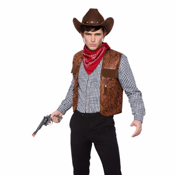 BROWN Budget Cowboy Waistcoat + DARK BROWN Texan Cowboy Hat + RED Bandana