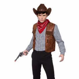 BROWN Budget Cowboy Waistcoat + DARK BROWN Texan Cowboy Hat + RED Bandana
