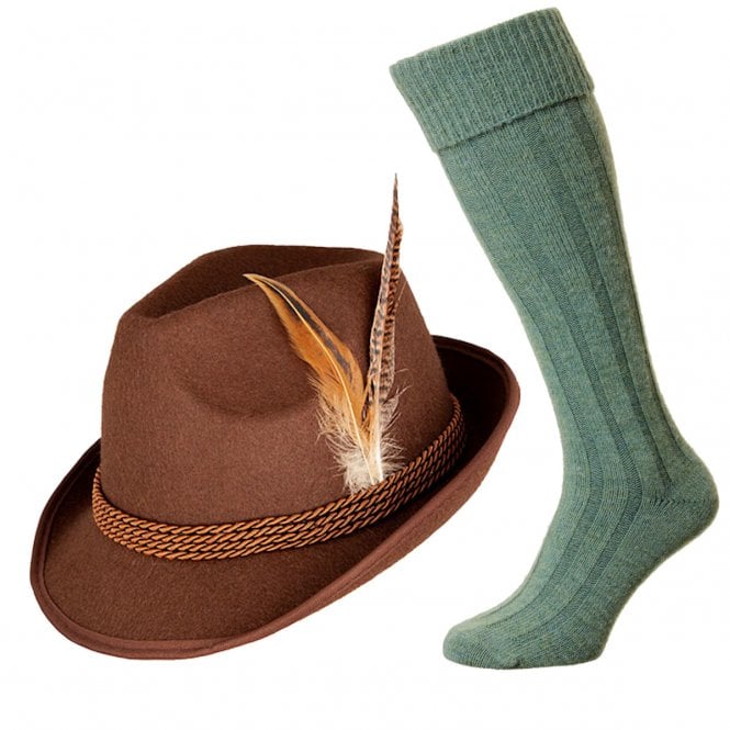 Brown Deluxe Bavarian Oktoberfest Hat + Green Wool Blend Socks