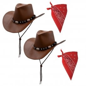 BROWN Deluxe Faux Leather Hat + RED Paisley Bandana - 2 PACK
