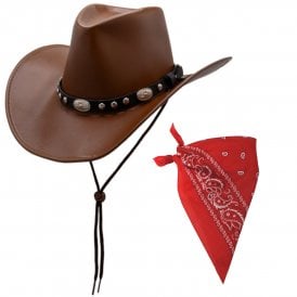BROWN Deluxe Faux Leather Texan Cowboy Hat + RED Paisley Print Bandana