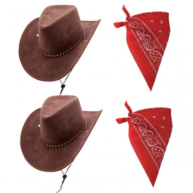 BROWN Suede with Stars Cowboy Hat + RED Paisley Bandana - 2 PACK