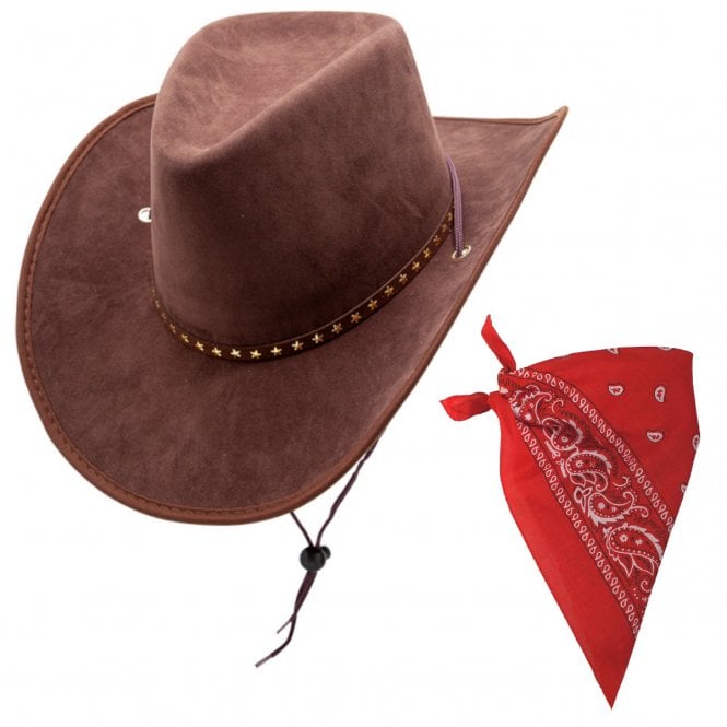 BROWN Suede with Stars Texan Cowboy Hat + RED Paisley Print Bandana