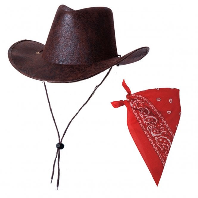 BROWN Texan Cowboy Brown Aged Faux Leather Hat + RED Paisley Print Bandana