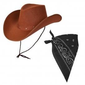 Adult Texan Cowboy Brown Hat + Black Bandana