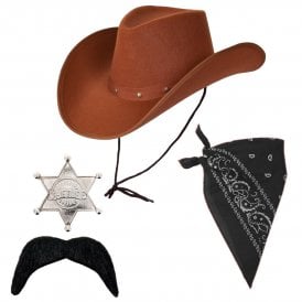 Texan Cowboy Brown Hat + Black Bandana + Black Cowboy Tash + Silver Sheriff Badge