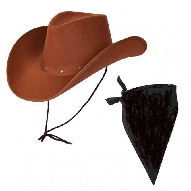 BROWN Texan Cowboy Hat + BLACK Plain Print Bandana