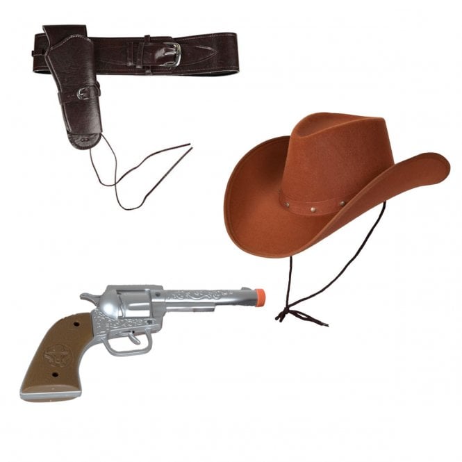 BROWN Texan Cowboy Hat + DELUXE BROWN Cowboy Holster + Plastic Hand Gun