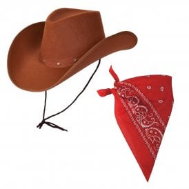 Texan Cowboy Brown Hat + Red Bandana 