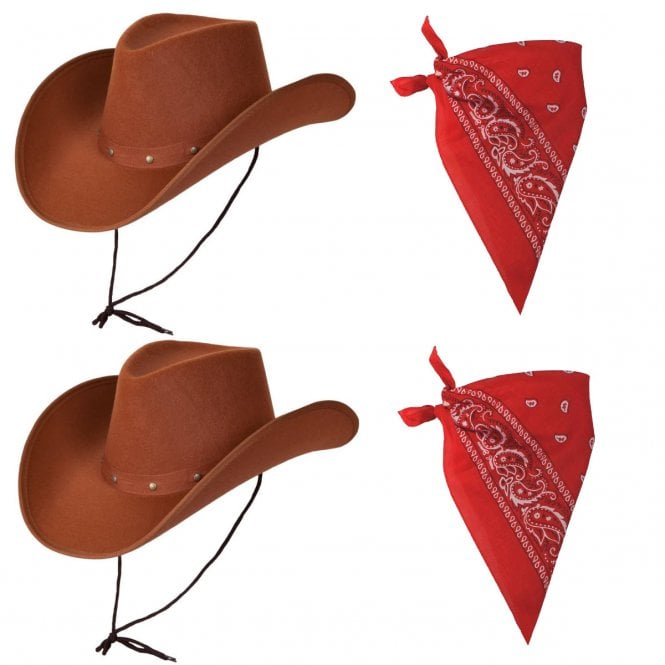 BROWN Texan Cowboy Hat + RED Paisley Bandana - 2 PACK