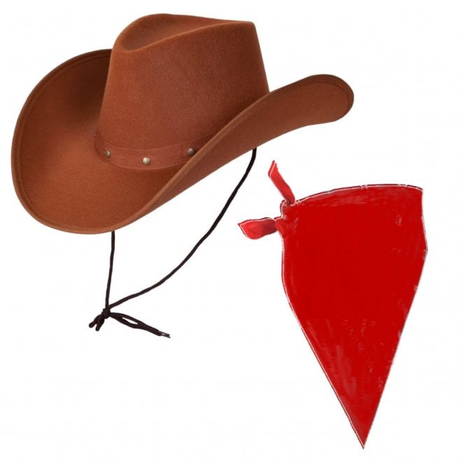 BROWN Texan Cowboy Hat + RED Plain Bandana