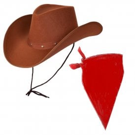 BROWN Texan Cowboy Hat + RED Plain Bandana