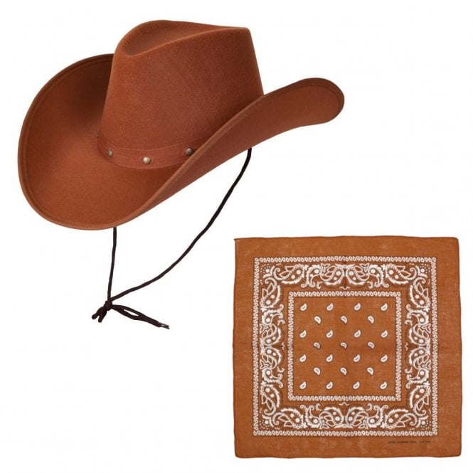 BROWN Texan Cowboy Hat + TAN Paisley Print Bandana