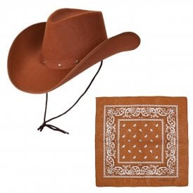 BROWN Texan Cowboy Hat + TAN Paisley Print Bandana