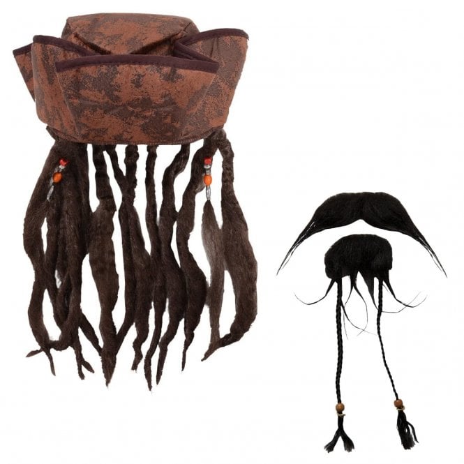 Caribbean Pirate Hat with Braids & Beads + Pirate Beard & Tash 