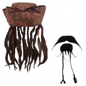 Caribbean Pirate Hat with Braids & Beads + Pirate Beard & Tash 