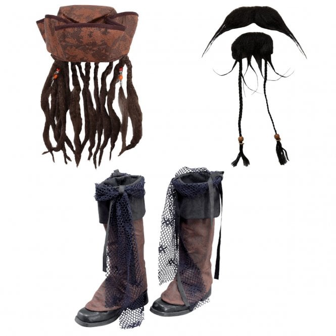 Caribbean Pirate Hat with Braids & Beads + Pirate Beard & Tash + Pirate Brown Distressed Boot Tops