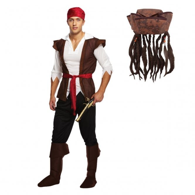Caribbean Pirate Man - Adult Costume Set (Costume, Brown Hat/Braids)