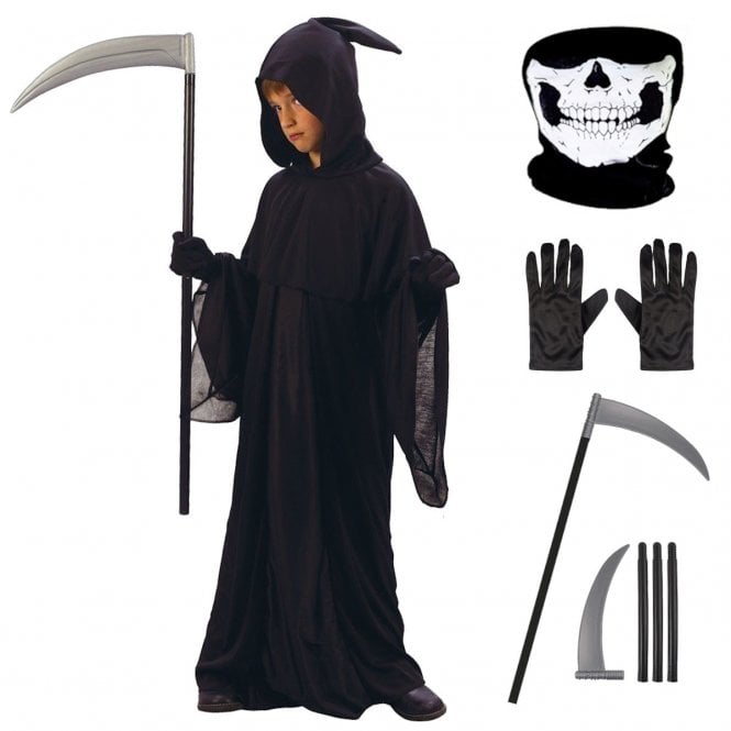 Child Grim Reaper Costume + Scythe + BLACK GLOVES + SKULL SNOOD