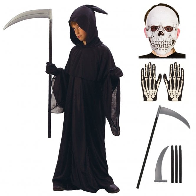 Child Grim Reaper Costume + Scythe + SKELETON GLOVES + KIDS LATEX SKULL MASK