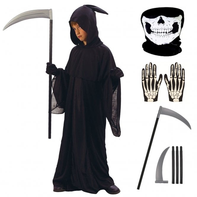 Child Grim Reaper Costume + Scythe + SKELETON GLOVES + SKULL SNOOD