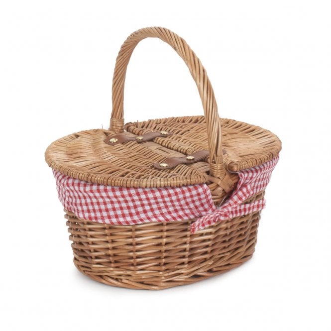 Childs Light Steamed Finish Oval Picnic Basket With Red & White Check Lining
