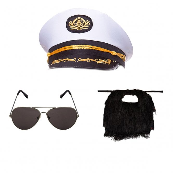 Classic Captain Hat + Black Beard + Aviator Glasses