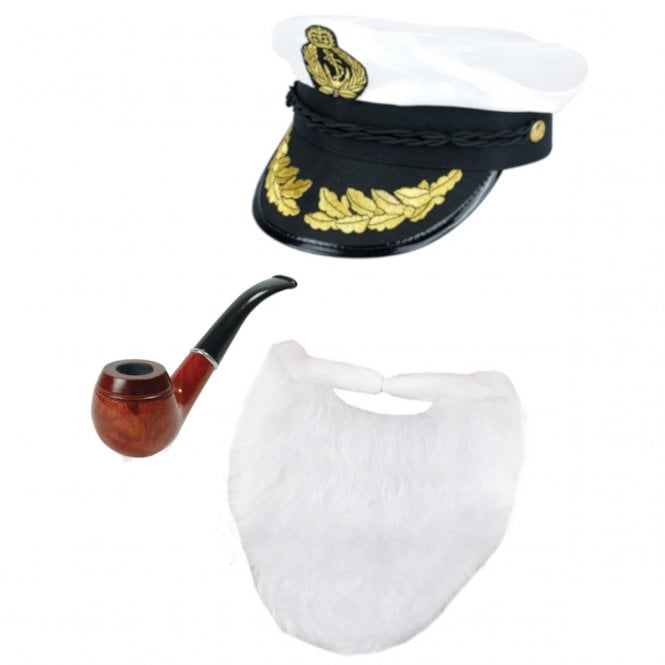 Classic Captain Hat + White Beard + Wooden Pipe