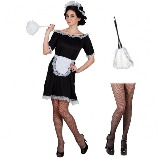 Classic French Maid Costume + Feather Duster + Black Fishnet Tights