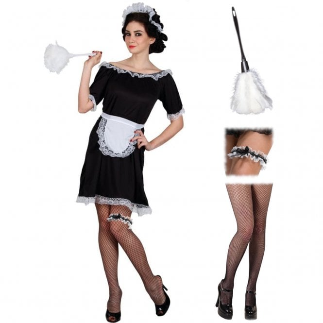 Classic French Maid + Feather Duster + French Maid Garter + Black Fishnet Tights
