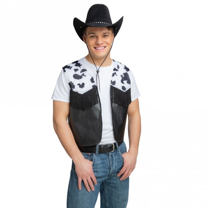COW PRINT Waistcoat + BLACK Suede Stars Texan Cowboy Hat